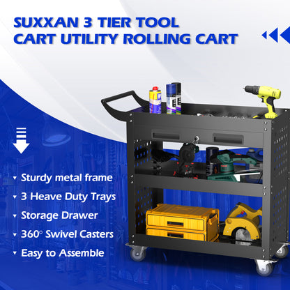 3 Tier Tool Cart Utility Rolling Cart with Drawer and Pegboard, Heavy Duty Metal Storage Organizer for Home Garage and Workshop