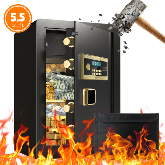 Karbeen 5.5 Cuft Large Home Safe Fireproof Waterproof, Anti-Theft Money Safe Box with Removable Shelf & Dual Alarm System, Digital Security Document Safe for Home Business Office, Gold