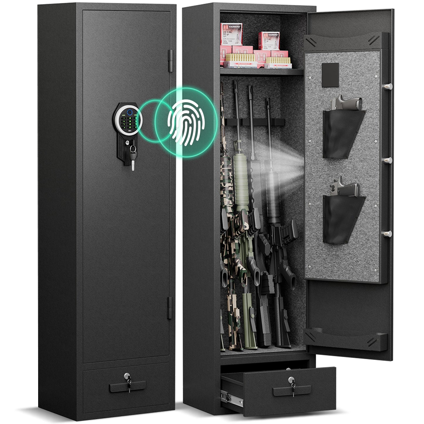 Gun Safe, 4-5 Gun Rifle Safe for Home Rifle and Pistols, Quick Access Gun Safes with Drawer, Removable Shelf and Pistol Bags, Biometric Gun Safe with Adjustable Gun Rack