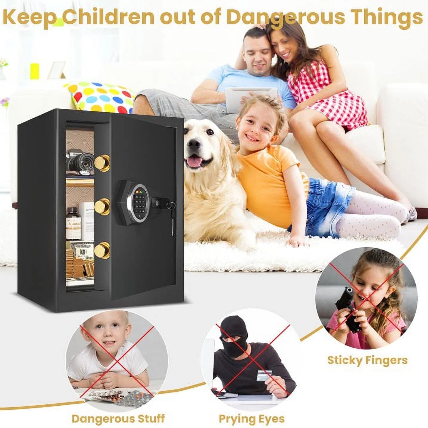 WC 2.3 Cub Large Safe Box, Home Safe Box with LED Light and Removable Shelf, Key Hook & Document Bag, Safe for Money Jewelry