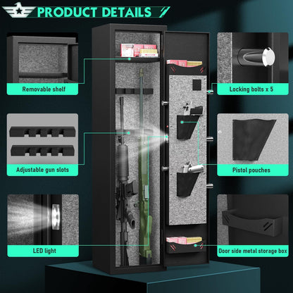 Kavey 2-3 Rifle Gun Safe, Digital Keypad Large Long Gun Safe for Home Rifle and Shotguns, Quick Access Gun Cabinets with LED Light, Rifle Safe with Adjustable Gun Rack and Removable Shelf