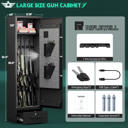 Gun Safe, 4-5 Gun Rifle Safe for Home Rifle and Pistols, Quick Access Gun Safes with Drawer, Removable Shelf and Pistol Bags, Biometric Gun Safe with Adjustable Gun Rack