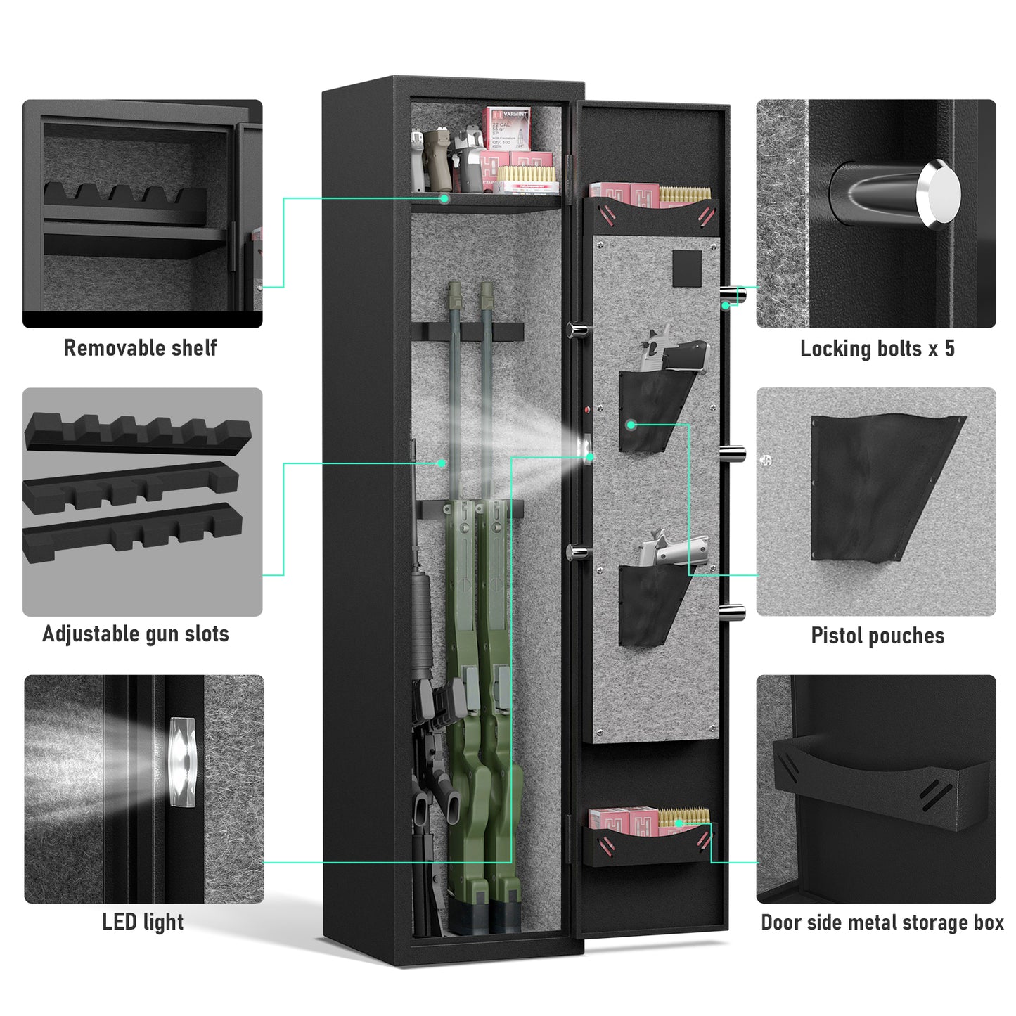 3-4 Gun Safe for Rifles and Pistols,Quick Access Fingerprint Gun Safe,High Security Metal Rifle Safe Locker with Removable Shelf and 2 Adjustable Gun Slots