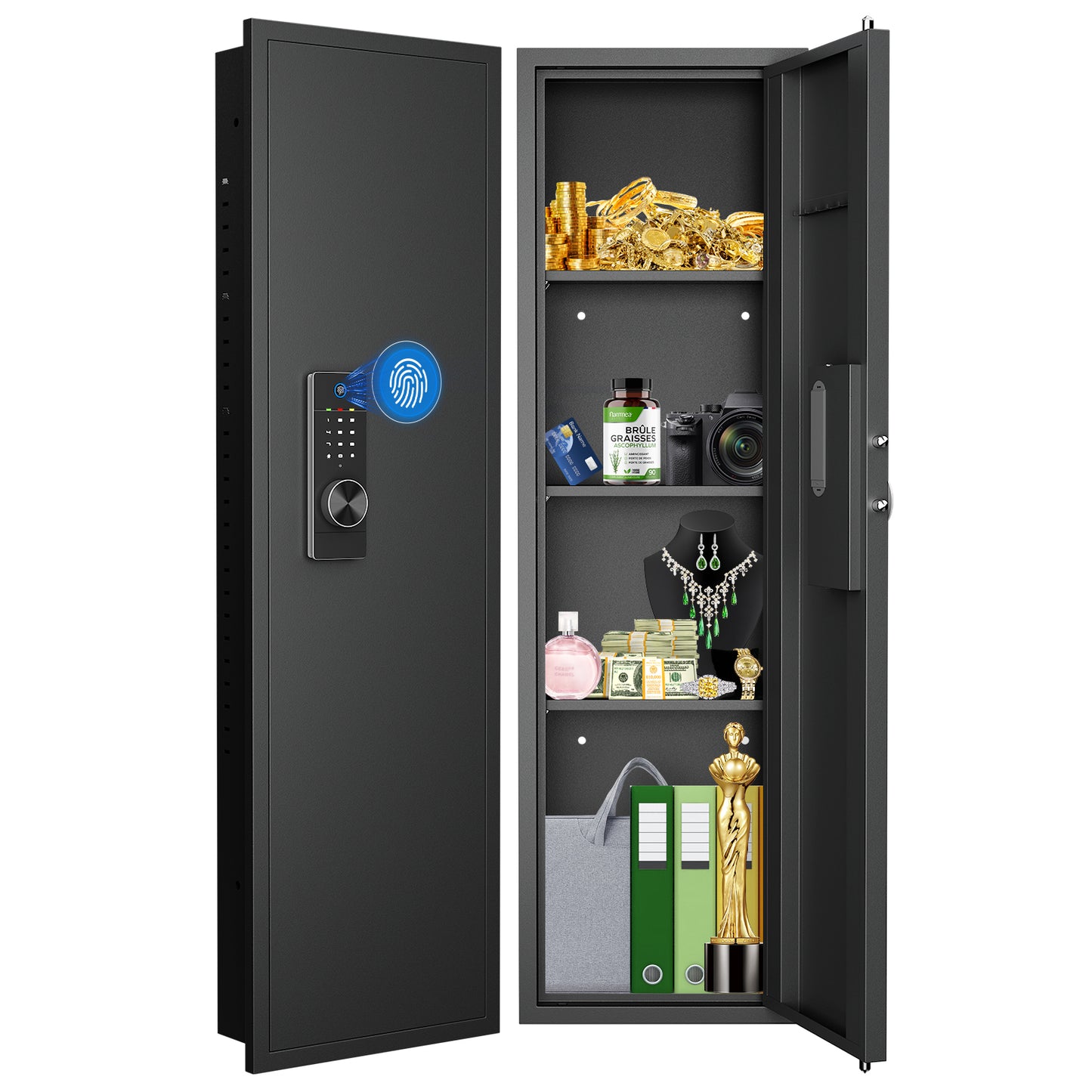 Fingerprint Touch Panel In-Wall Safe,Hidden Wall Gun Safe for Rifles and Pistols with Adjustable Shelves,Assembled Storege Gun Safe for Firearm and Valuables (Black-Fingerprint)