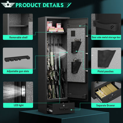 Gun Safe, 4-5 Gun Rifle Safe for Home Rifle and Pistols, Quick Access Gun Safes with Drawer, Removable Shelf and Pistol Bags, Biometric Gun Safe with Adjustable Gun Rack