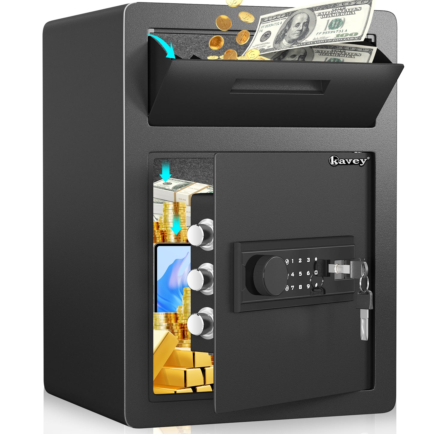 Kavey 2.6 Cub Fireproof Drop Safe, Safe with Drop Slot, Drop Slot Safes with Front Load Drop Box and Digital Touch Screen Keypad, Heavy Duty Money Safe Box for Business Office Home