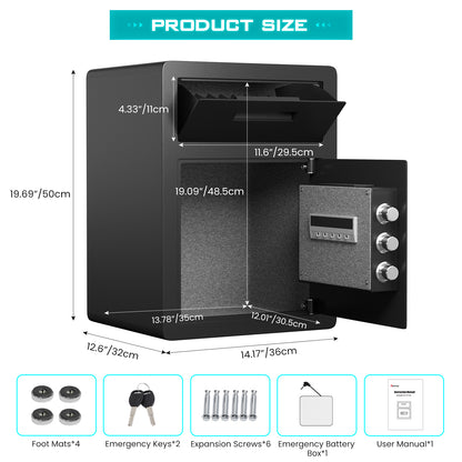 Kavey 2.6 Cub Fireproof Drop Safe, Safe with Drop Slot, Drop Slot Safes with Front Load Drop Box and Digital Touch Screen Keypad, Heavy Duty Money Safe Box for Business Office Home