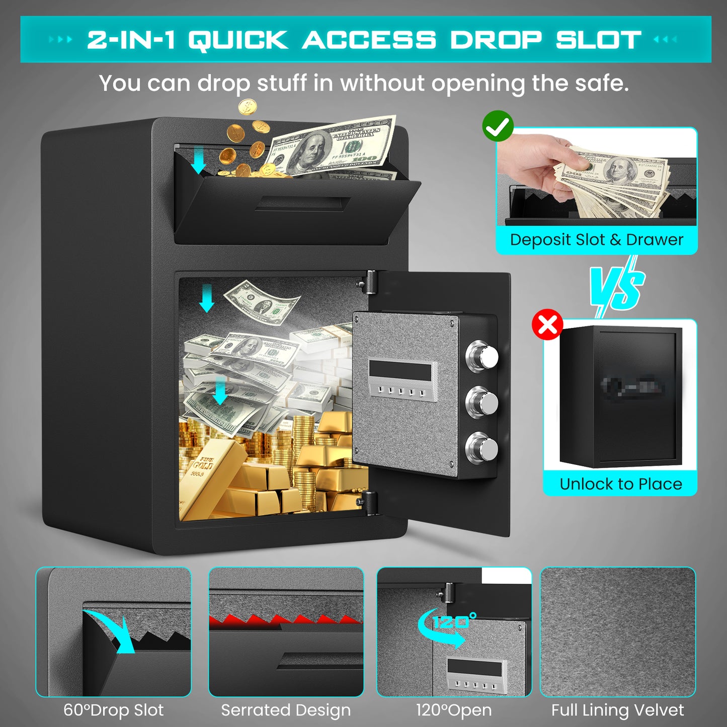 Kavey 2.6 Cub Fireproof Drop Safe, Safe with Drop Slot, Drop Slot Safes with Front Load Drop Box and Digital Touch Screen Keypad, Heavy Duty Money Safe Box for Business Office Home