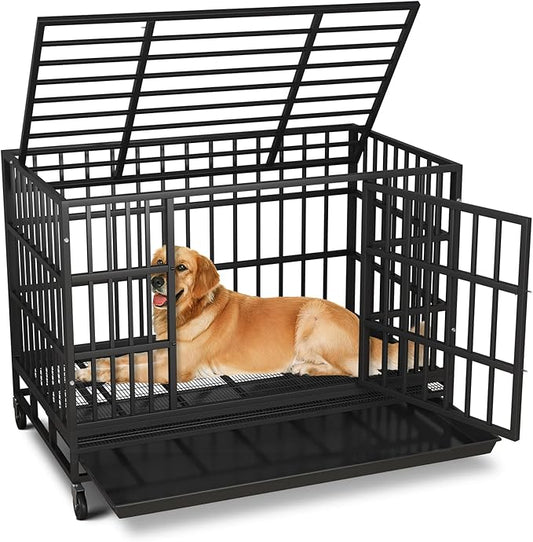 48 inch Heavy Duty Dog Crate, Indestructible Escape-Proof Dog Cage Kennel with Wheels