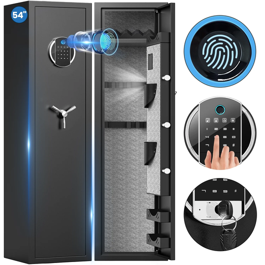 Biometric Gun Safe, 5-7 Gun Fingerprint Gun Safes for Home Guns and Shotguns, Quick Access Long Gun Safe for Home with LCD Keypad,LED Light, 3 Adjustable Racks,Ammo Box