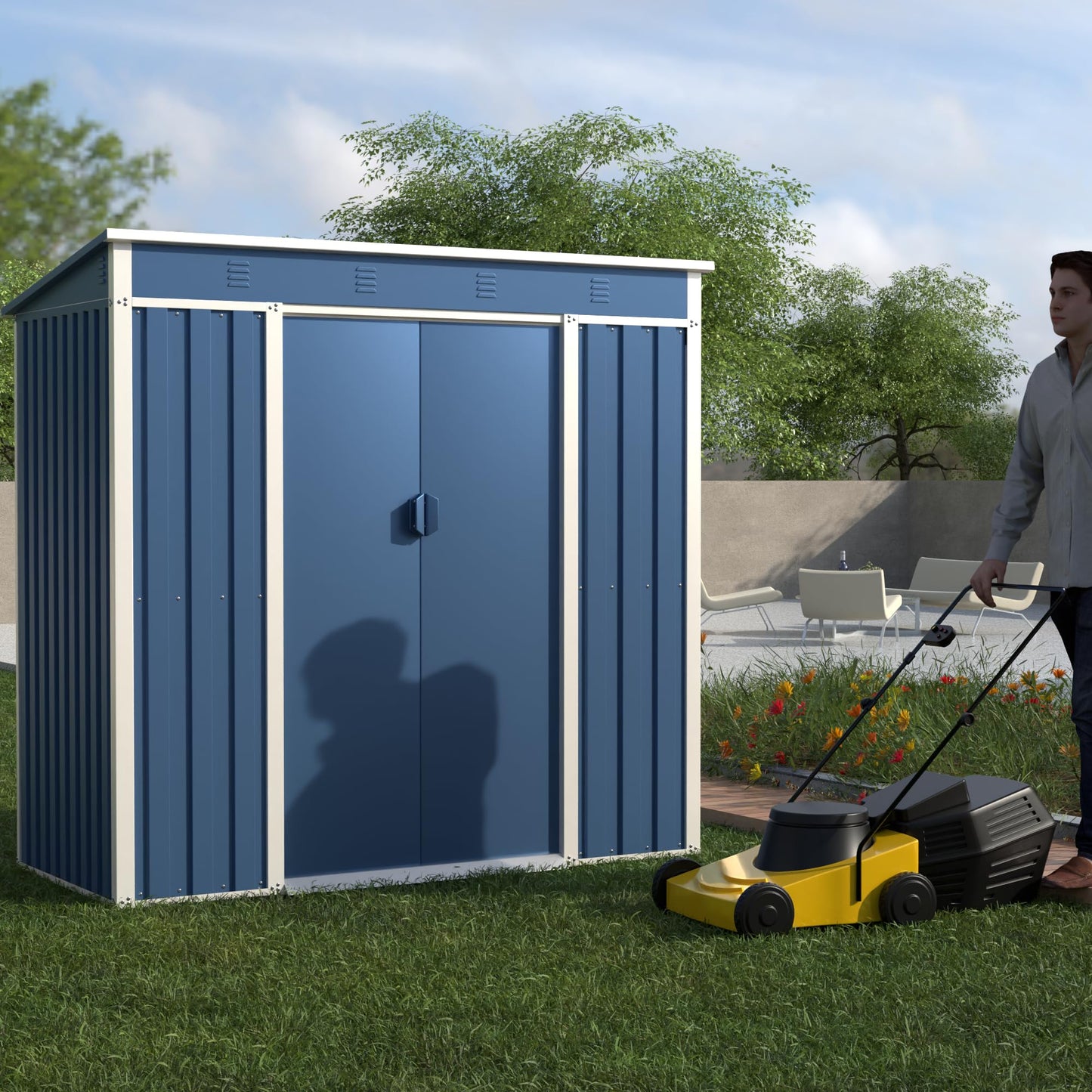 4x6 FT Outdoor Storage Shed Metal Garden Shed Tool House with Ventilation & Sliding Door for Garden, Courtyard, Lawn-Blue