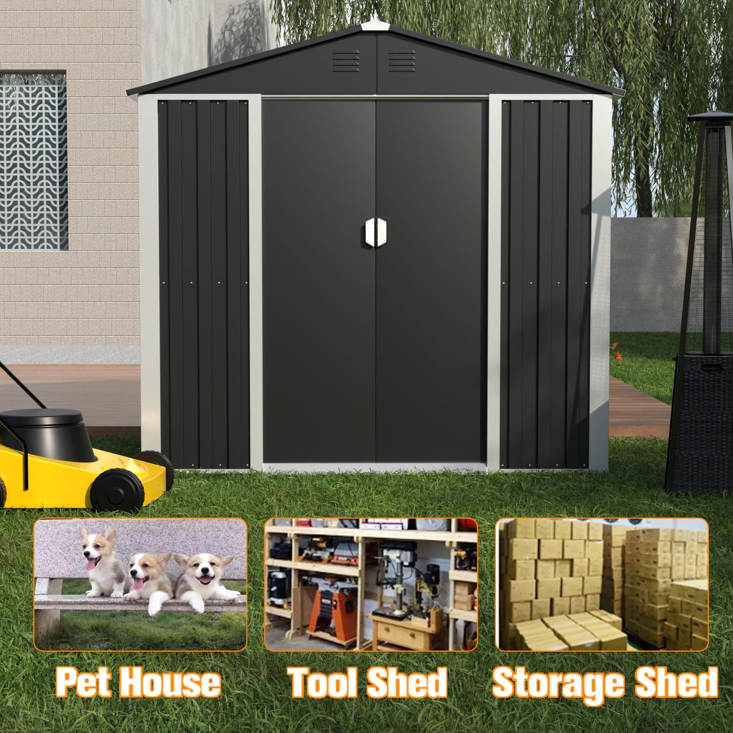 4x6 FT Outdoor Storage Shed Metal Garden Shed Tool House with Ventilation & Sliding Door for Garden, Courtyard, Lawn-Black